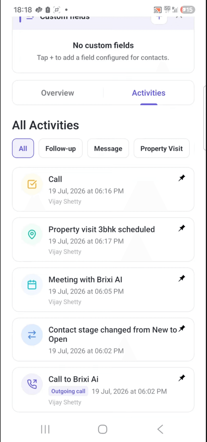Brixi activity timeline showing calls, meetings, visits, and stage changes