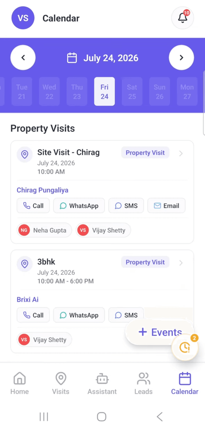 Brixi mobile calendar showing property visits and contact actions