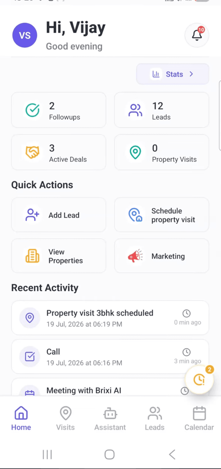 Brixi mobile home dashboard with follow-ups, leads, deals, visits, and quick actions