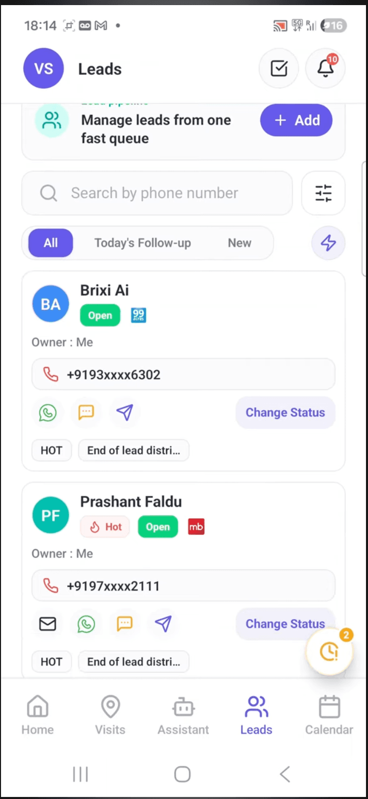 Brixi mobile lead queue with filters, lead status, and communication actions