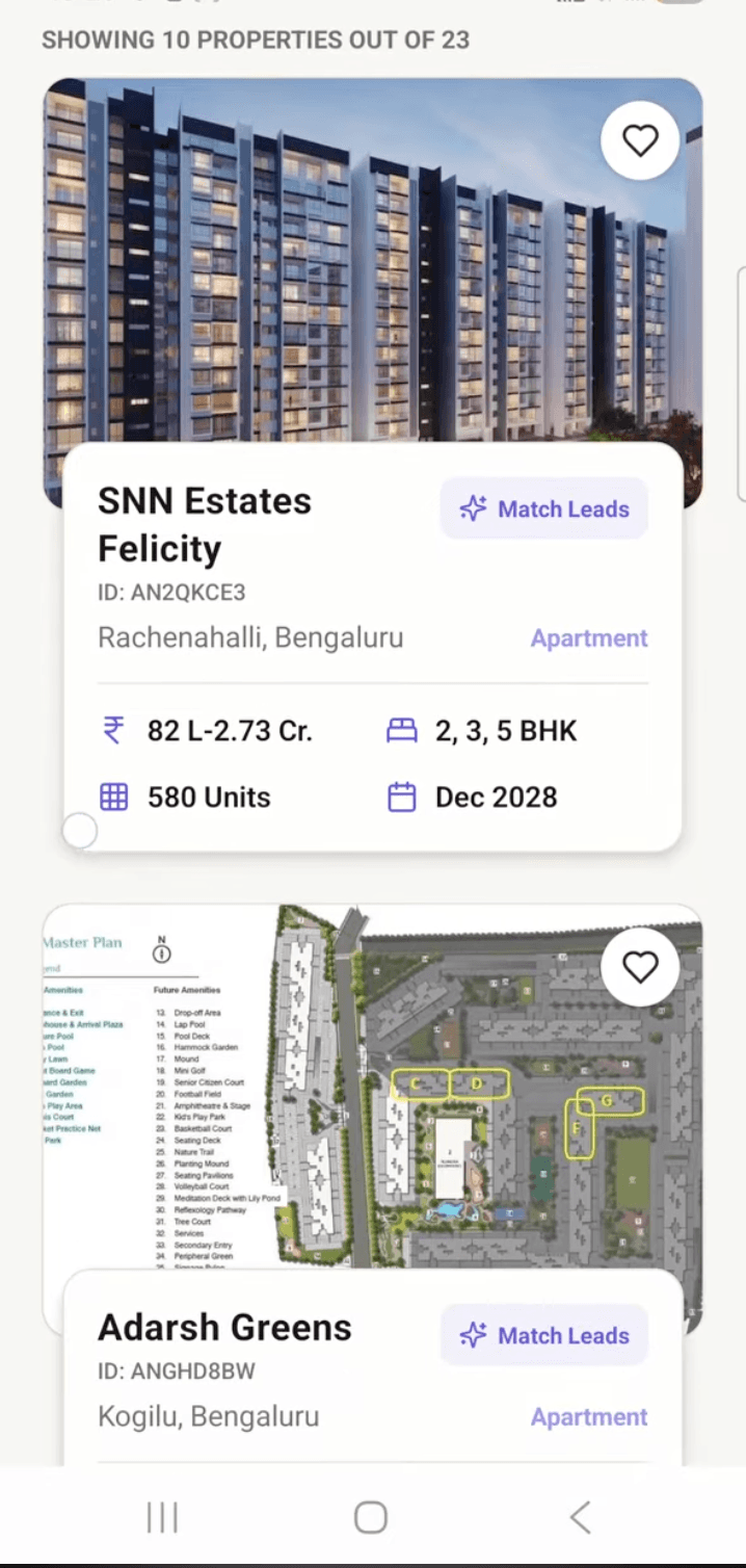Brixi mobile inventory showing properties and AI lead matching