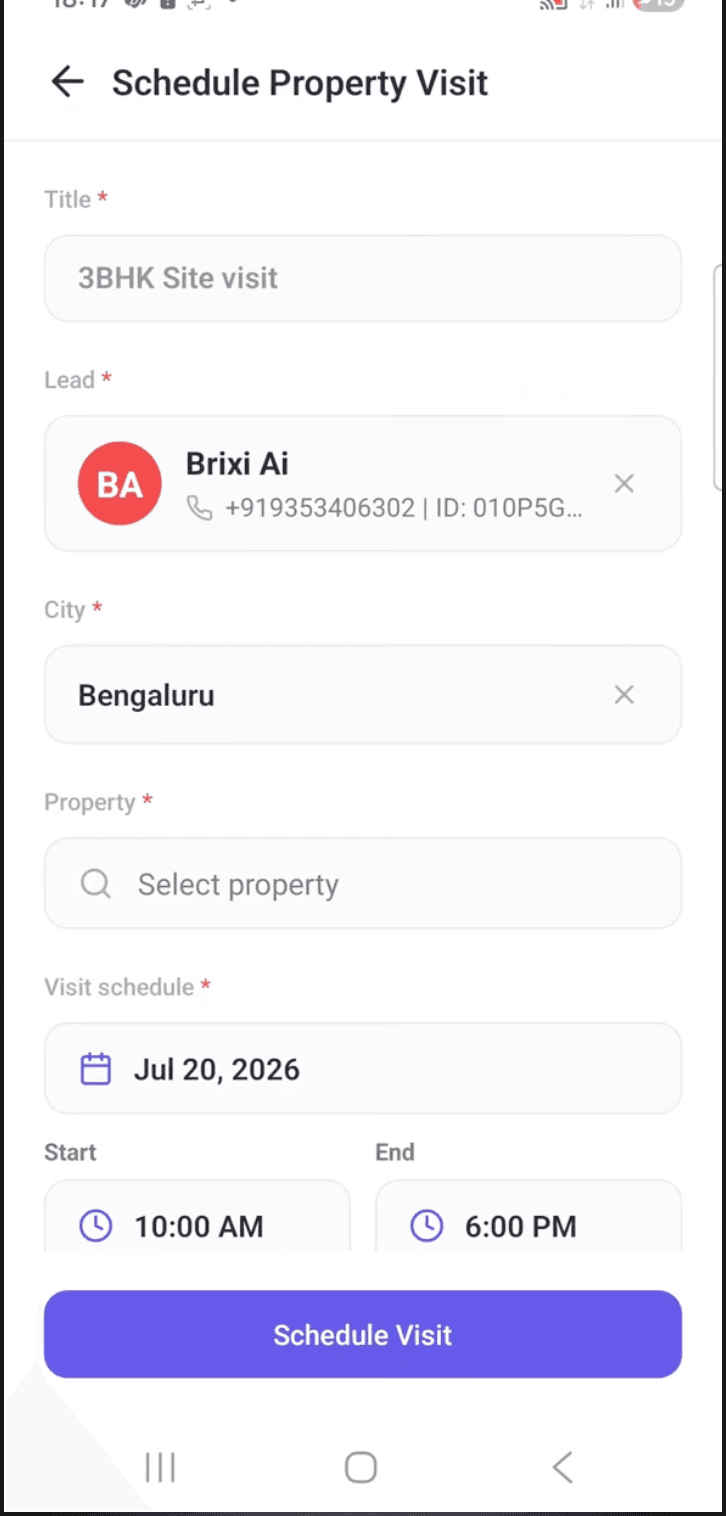 Brixi mobile screen for scheduling a property visit