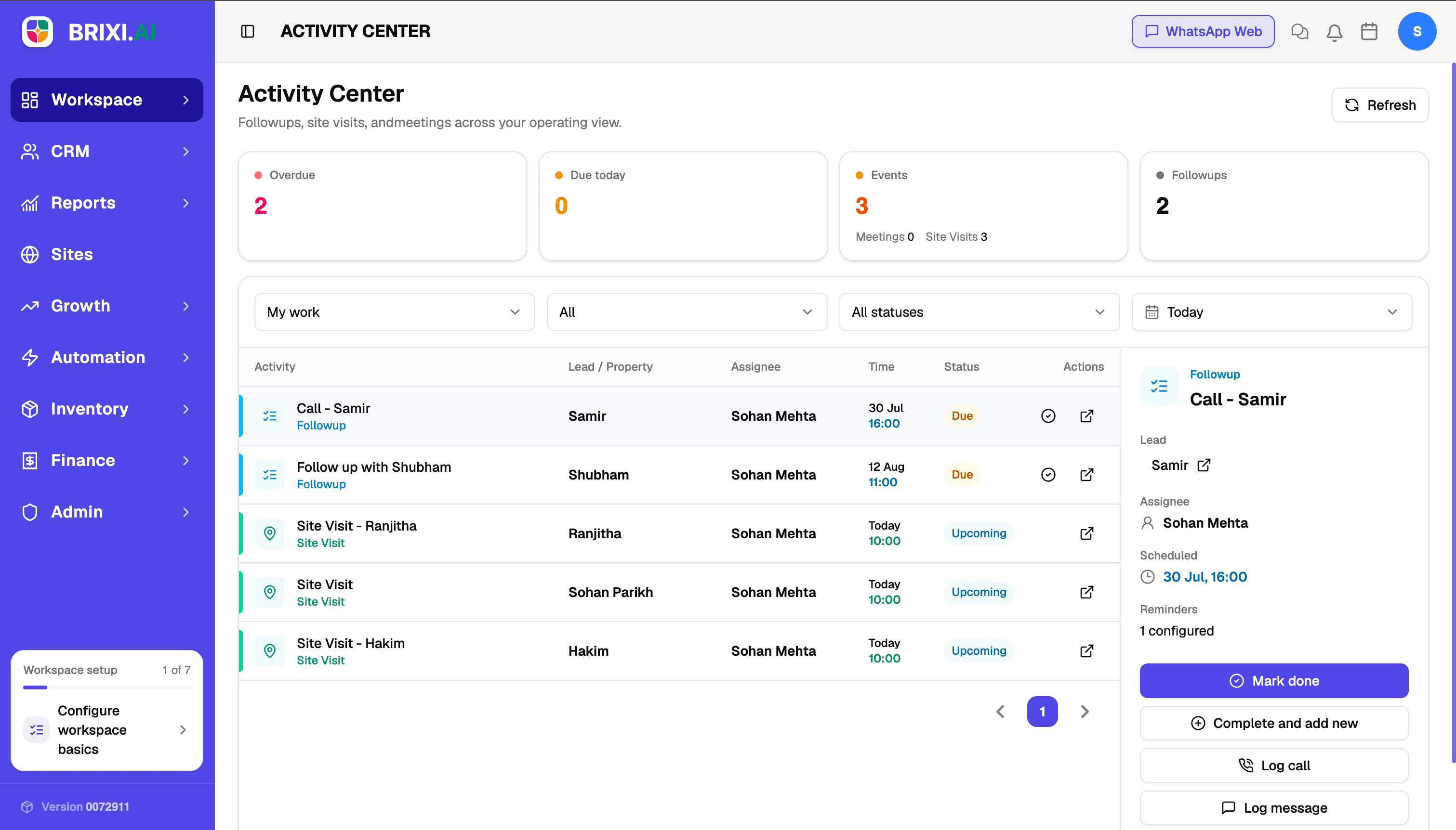 Brixi AI Activity Center showing follow-ups, site visits, assignees, and next actions